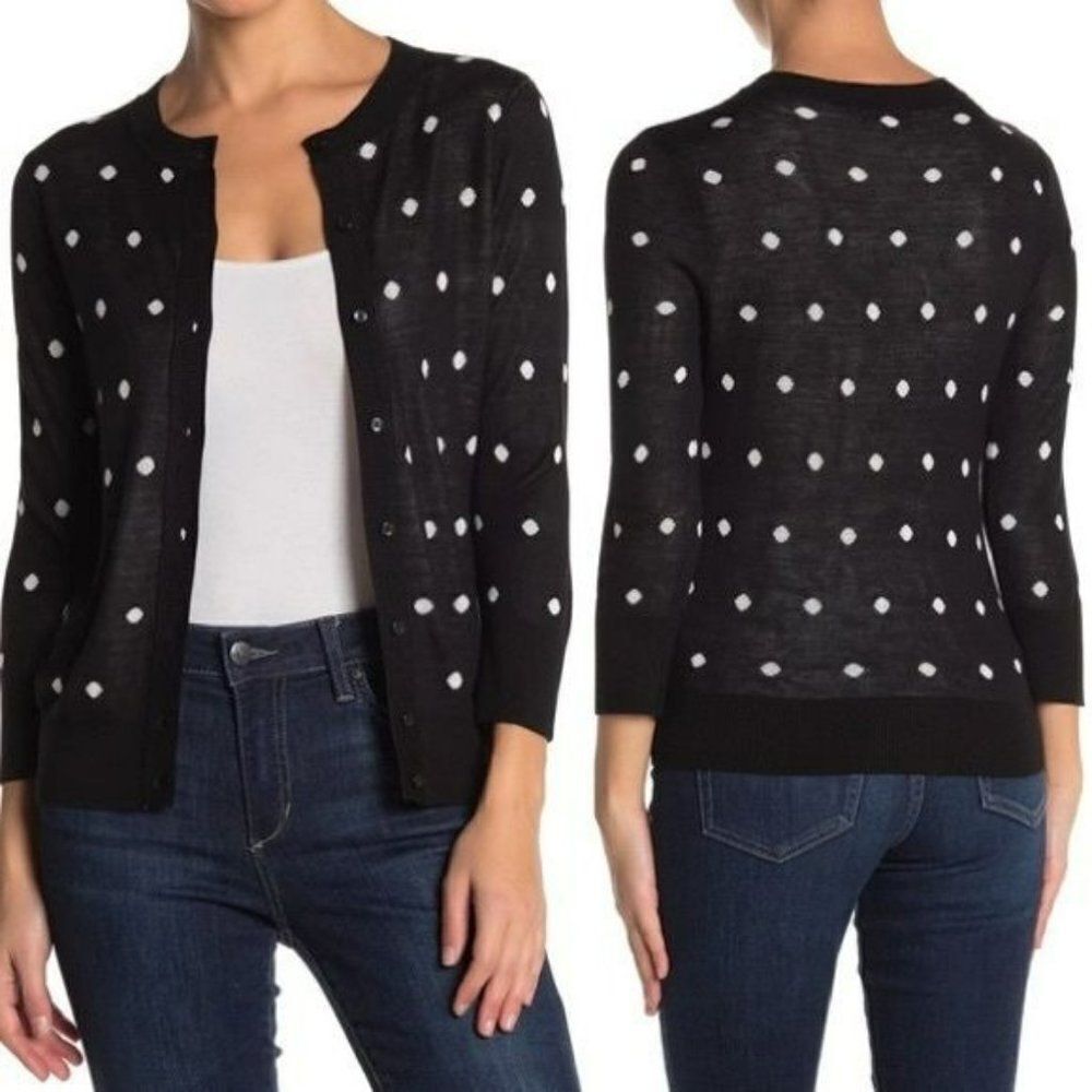 Halogen Womens B/W Polka Dot Crew Neck Front Button Cardigan Sweater Size 8 P